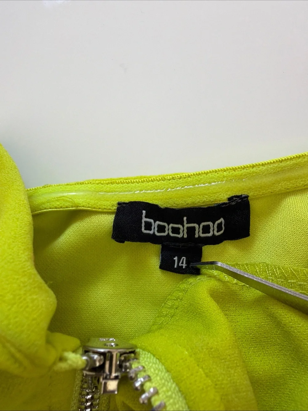Boohoo Lime Neon Green Moto Asymmetric Zip Off The Shoulder Belted Mini Dress 14